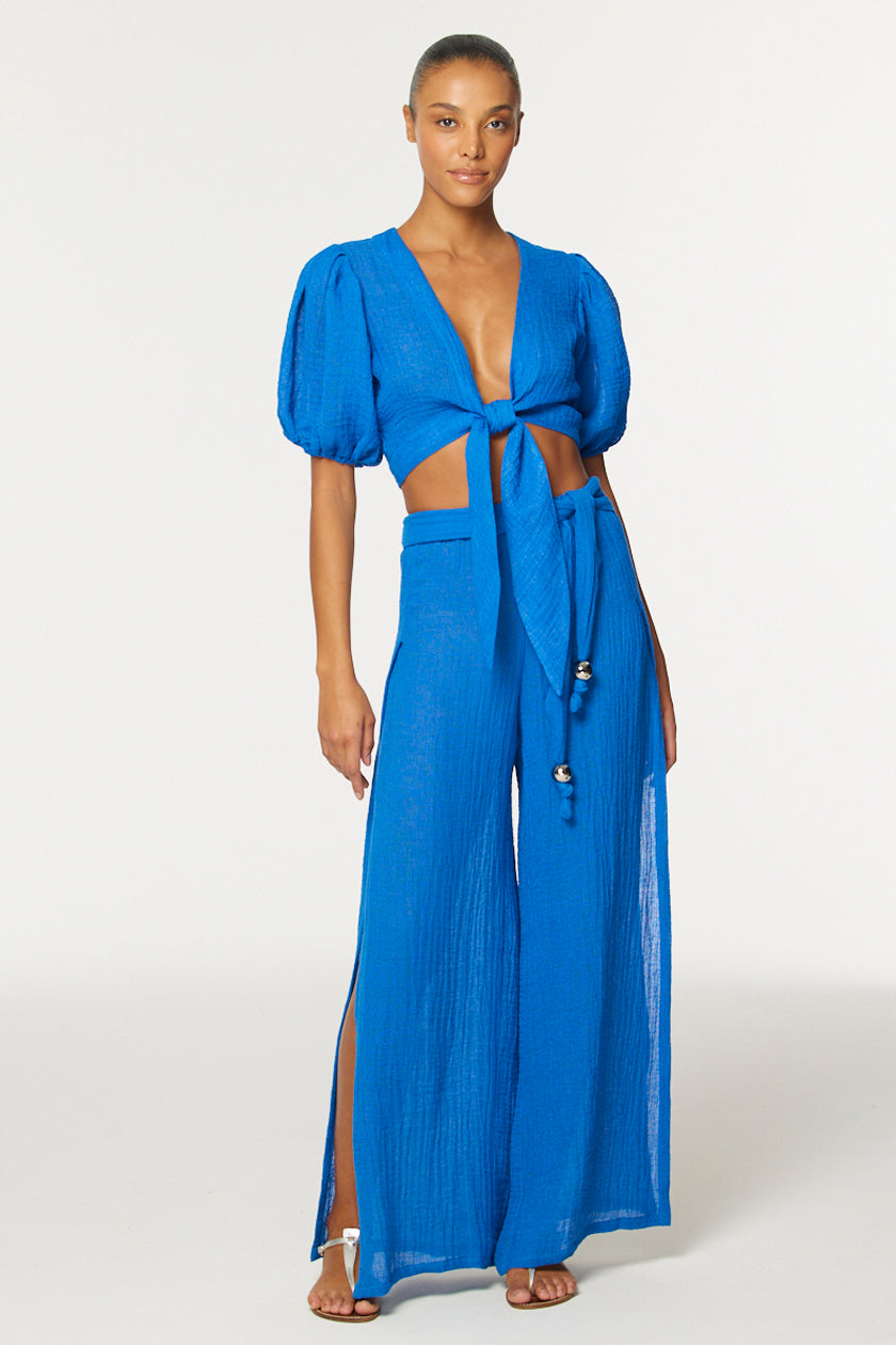 THE WIDE LEG OPEN-SIDE PANT in COBALT BLUE GAUZE