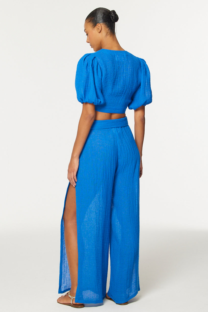 THE WIDE LEG OPEN-SIDE PANT in COBALT BLUE GAUZE