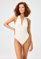THE POLO MAILLOT in WHITE & SAND STRIPED SEERSUCKER – Lisa Marie