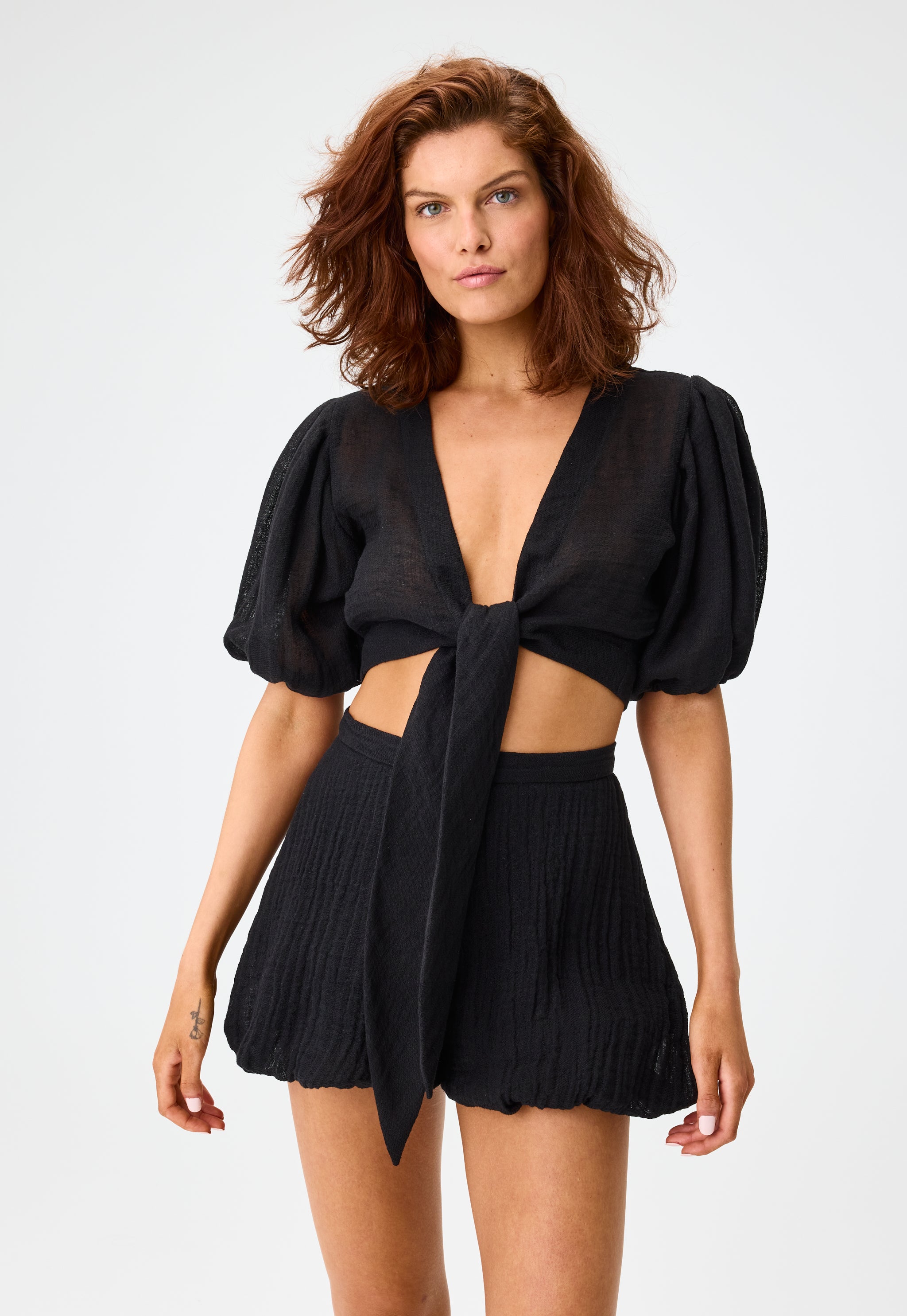 THE POUF TIE BLOUSE in BLACK GAUZE