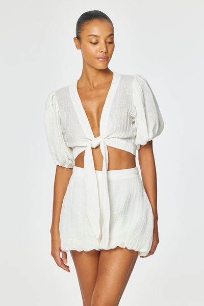 THE POUF TIE BLOUSE in WHITE GAUZE