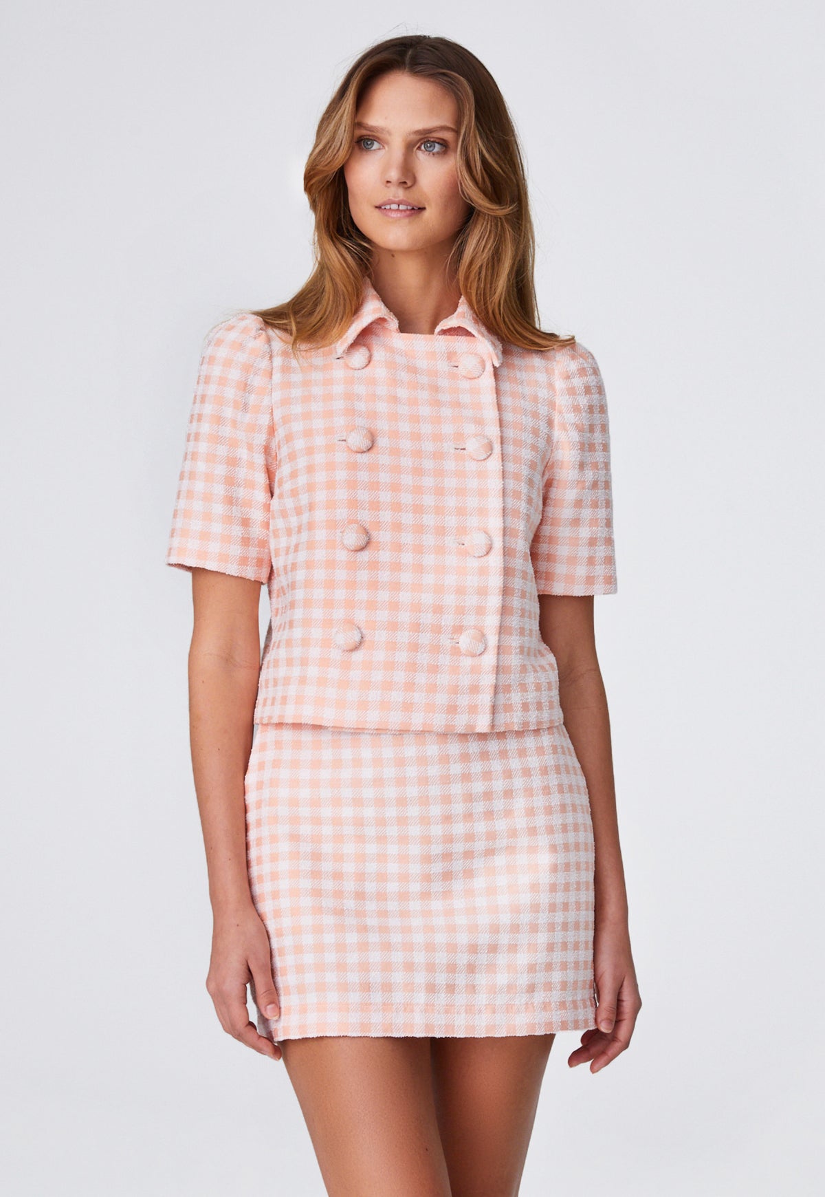 THE MINI SKIRT in CORAL GINGHAM BOUCLE COTTON