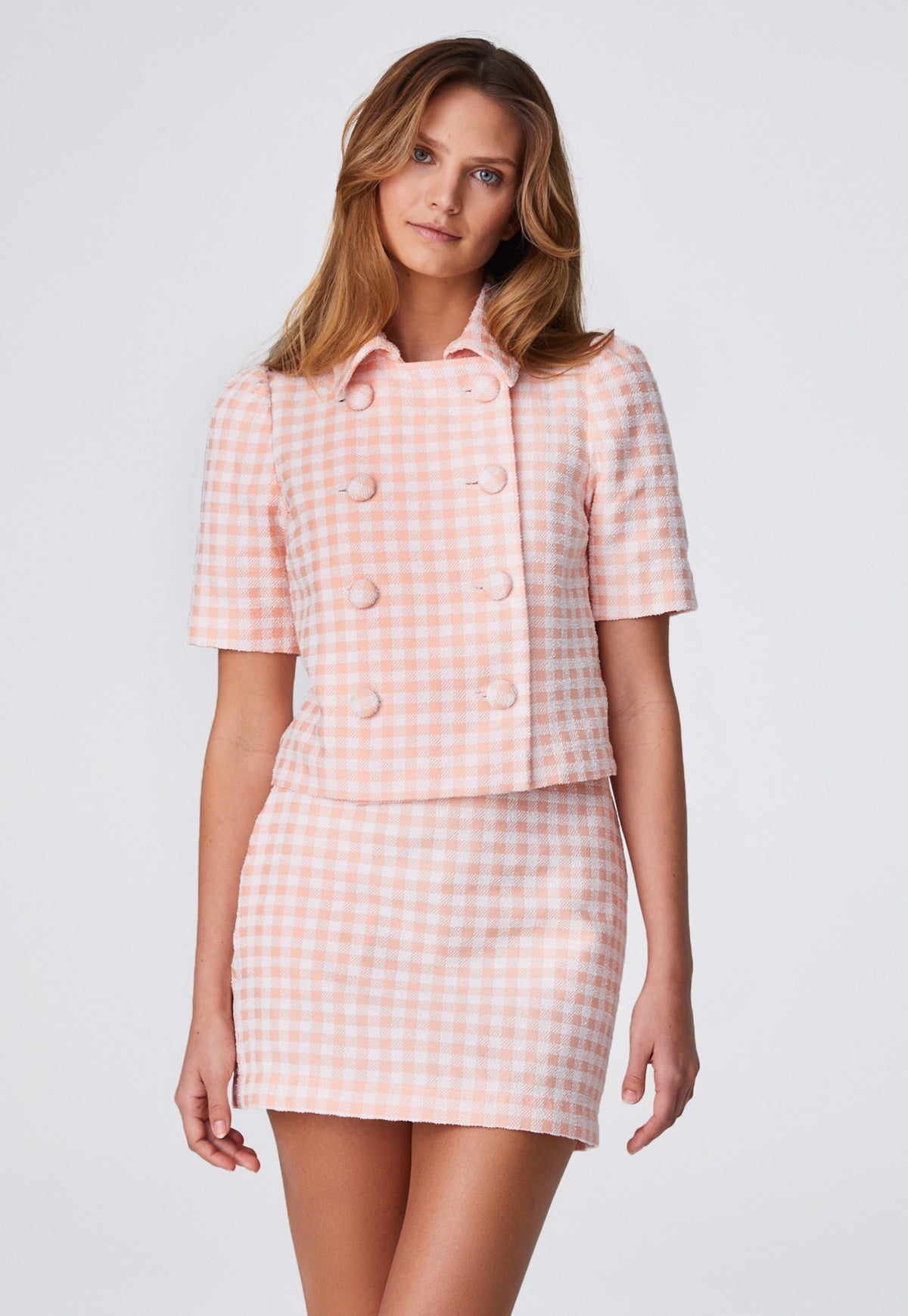 THE MINI SKIRT in CORAL GINGHAM BOUCLE COTTON
