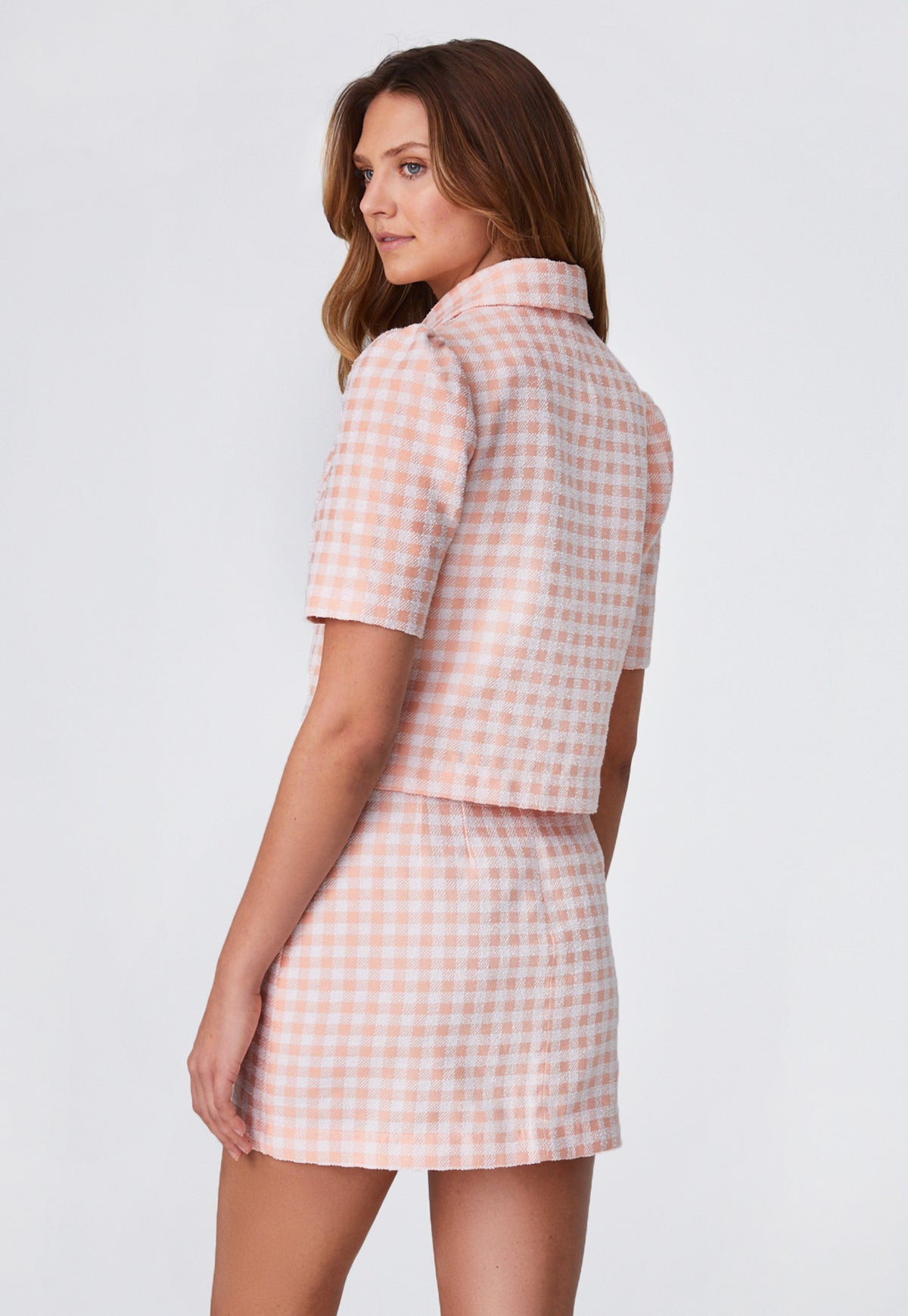 THE PUFF SLEEVE JACKET in CORAL GINGHAM BOUCLE COTTON
