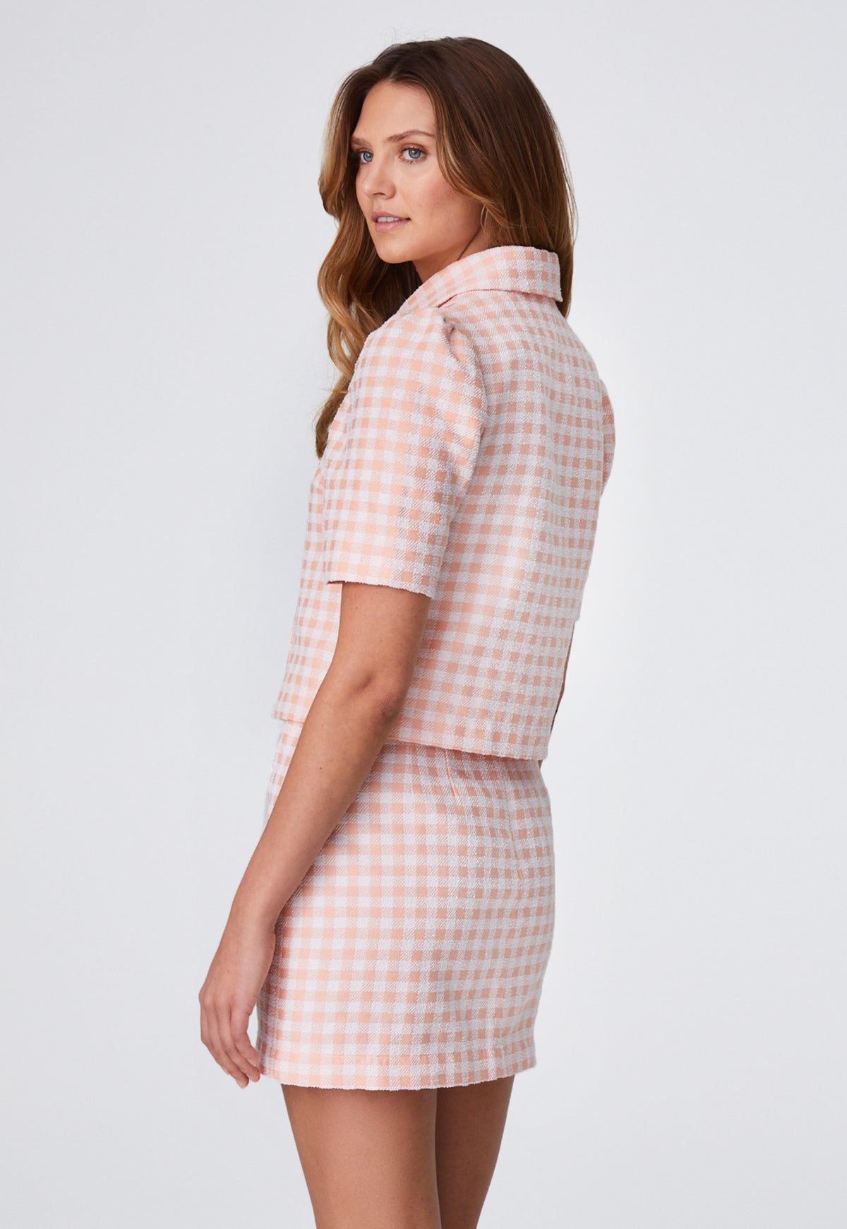 THE PUFF SLEEVE JACKET in CORAL GINGHAM BOUCLE COTTON