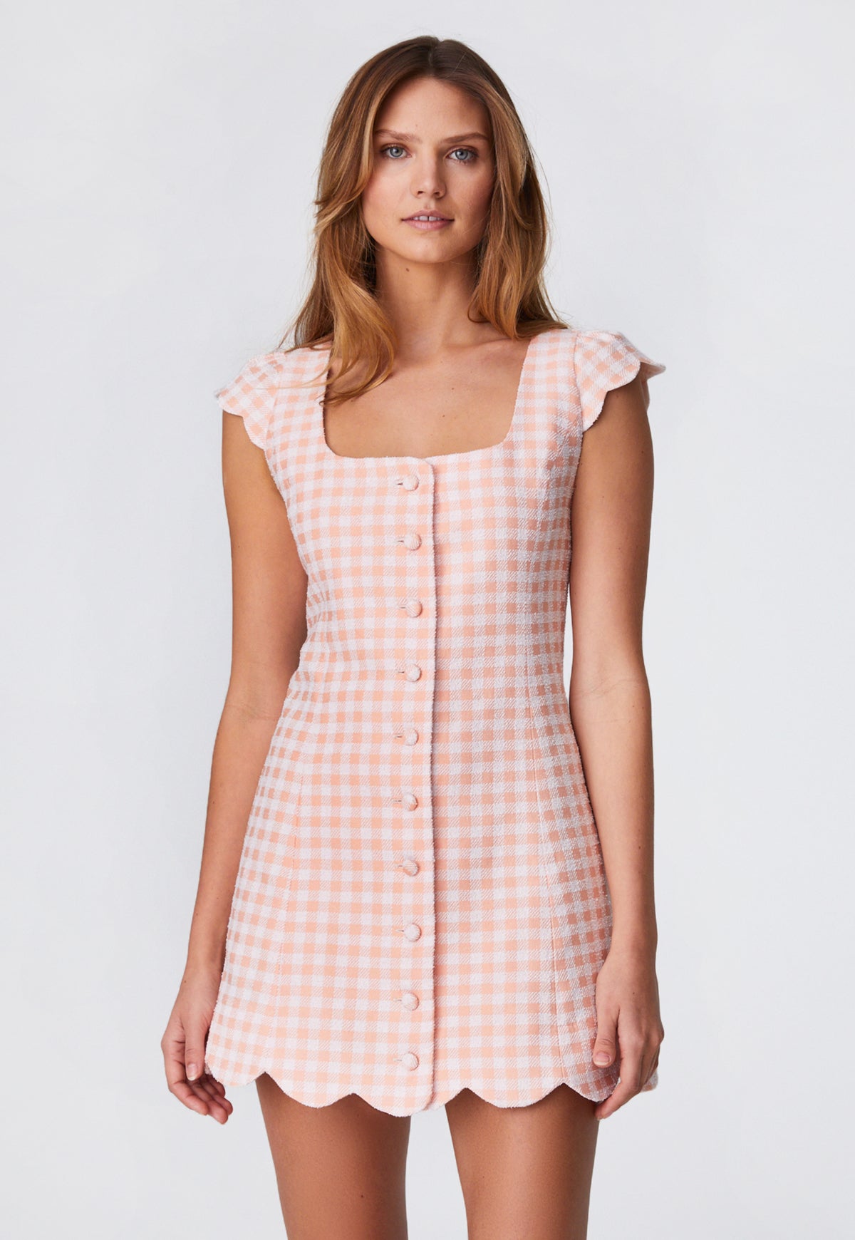 THE SCALLOP DRESS in CORAL GINGHAM BOUCLE COTTON