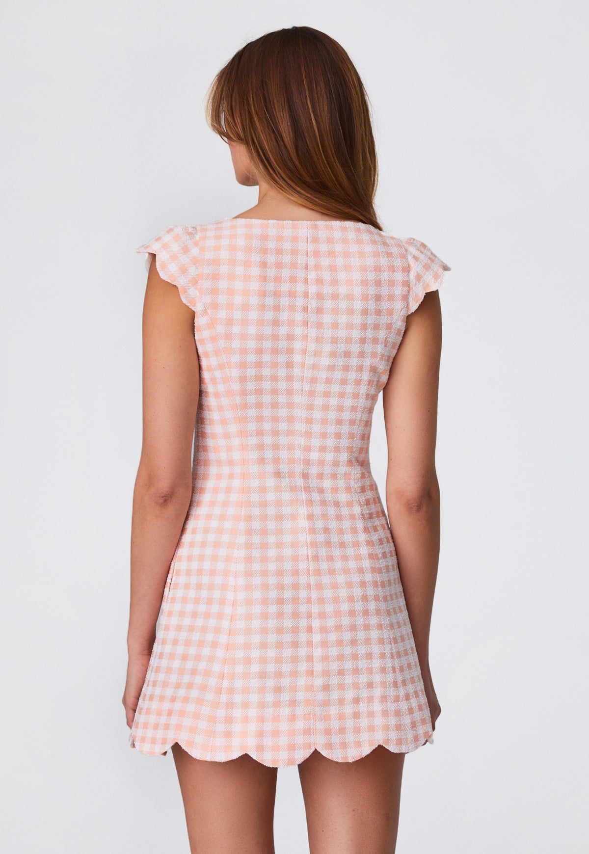 THE SCALLOP DRESS in CORAL GINGHAM BOUCLE COTTON
