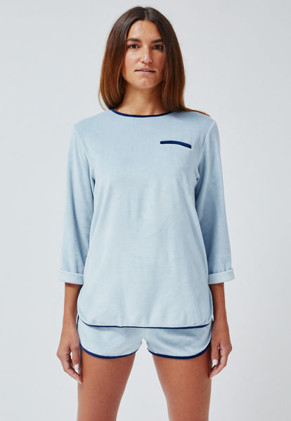 THE TENNIS TUNIC TOP in PALE BLUE TERRY CLOTH VELOUR