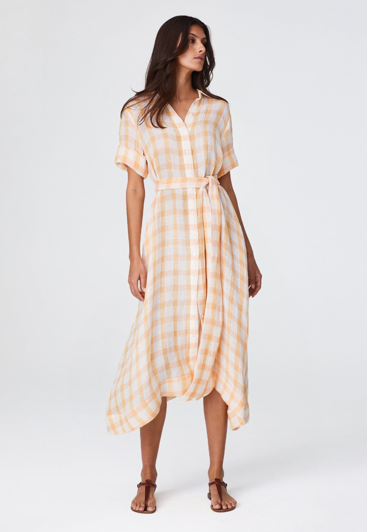 THE CLASSIC SHIRT DRESS in PEACHY TANGERINE GINGHAM CHIOS GAUZE