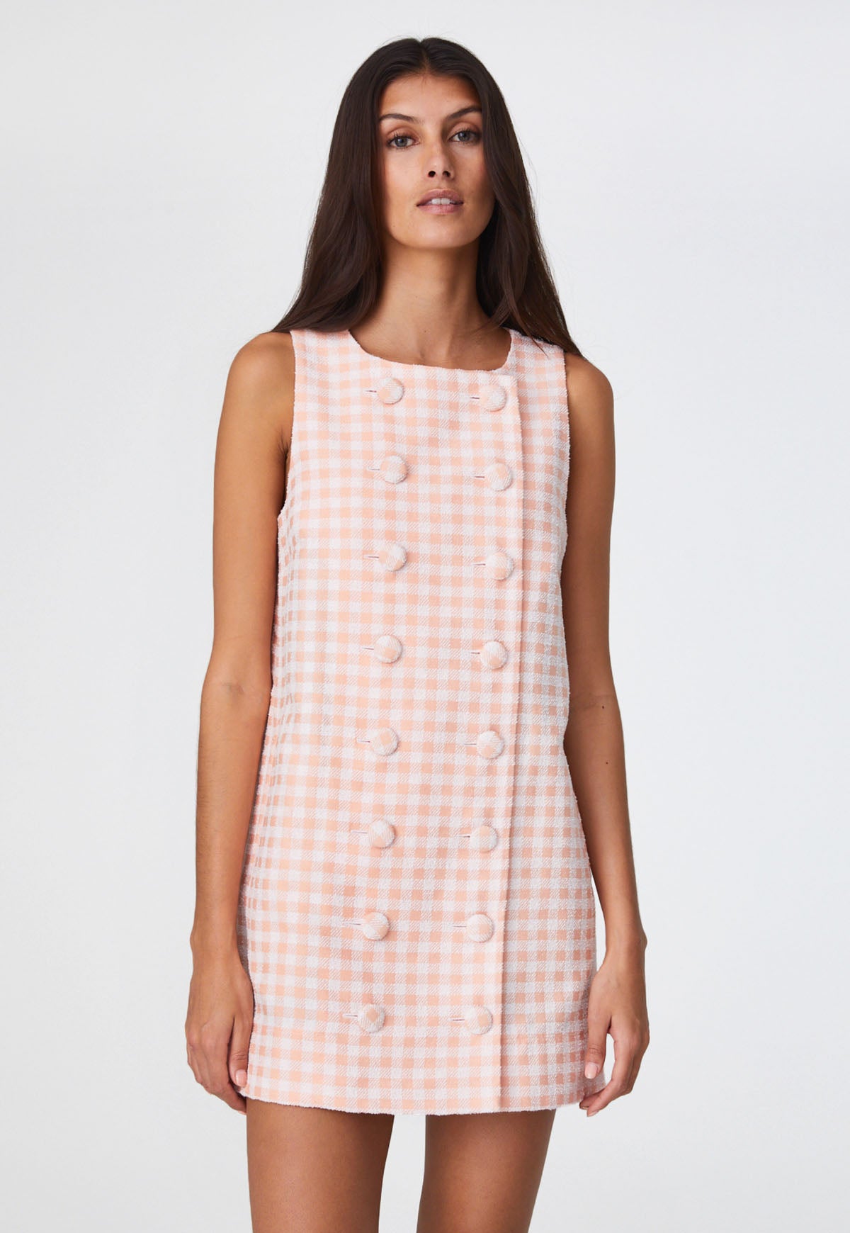 THE DOUBLE BREASTED MINI DRESS in CORAL GINGHAM BOUCLE COTTON