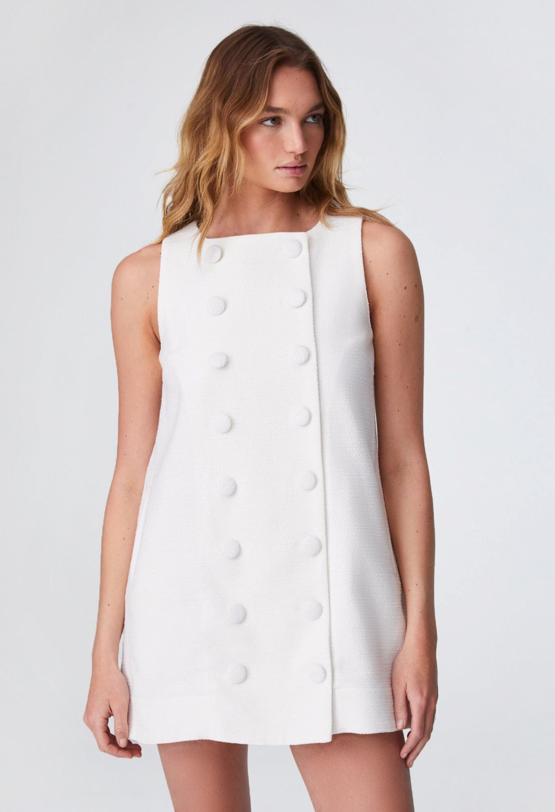 THE DOUBLE BREASTED MINI DRESS in WHITE TEXTURED COTTON