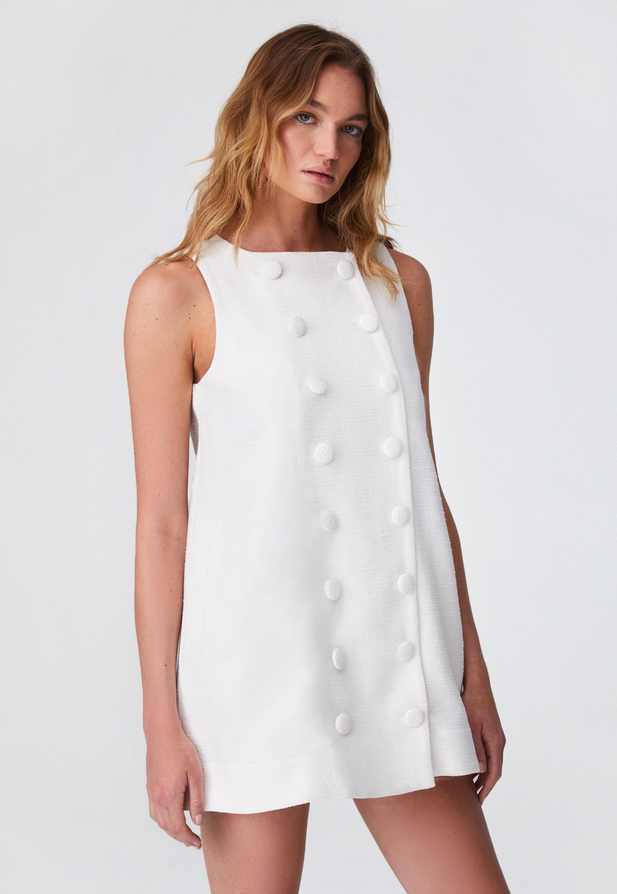 THE DOUBLE BREASTED MINI DRESS in White Textured Cotton White Textured Cotton / 2023SP470 WTC / 1 - XS THE DOUBLE BREASTED MINI DRESS in White Textured Cotton White Textured Cotton / 2023SP470 WTC / 1 - XS