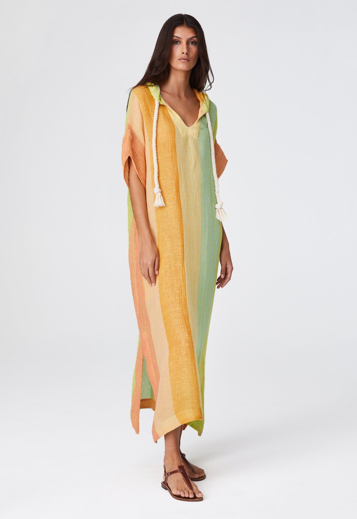 THE DRAWSTRING HOODED CAFTAN in CITRUS AWNING STRIPED GAUZE