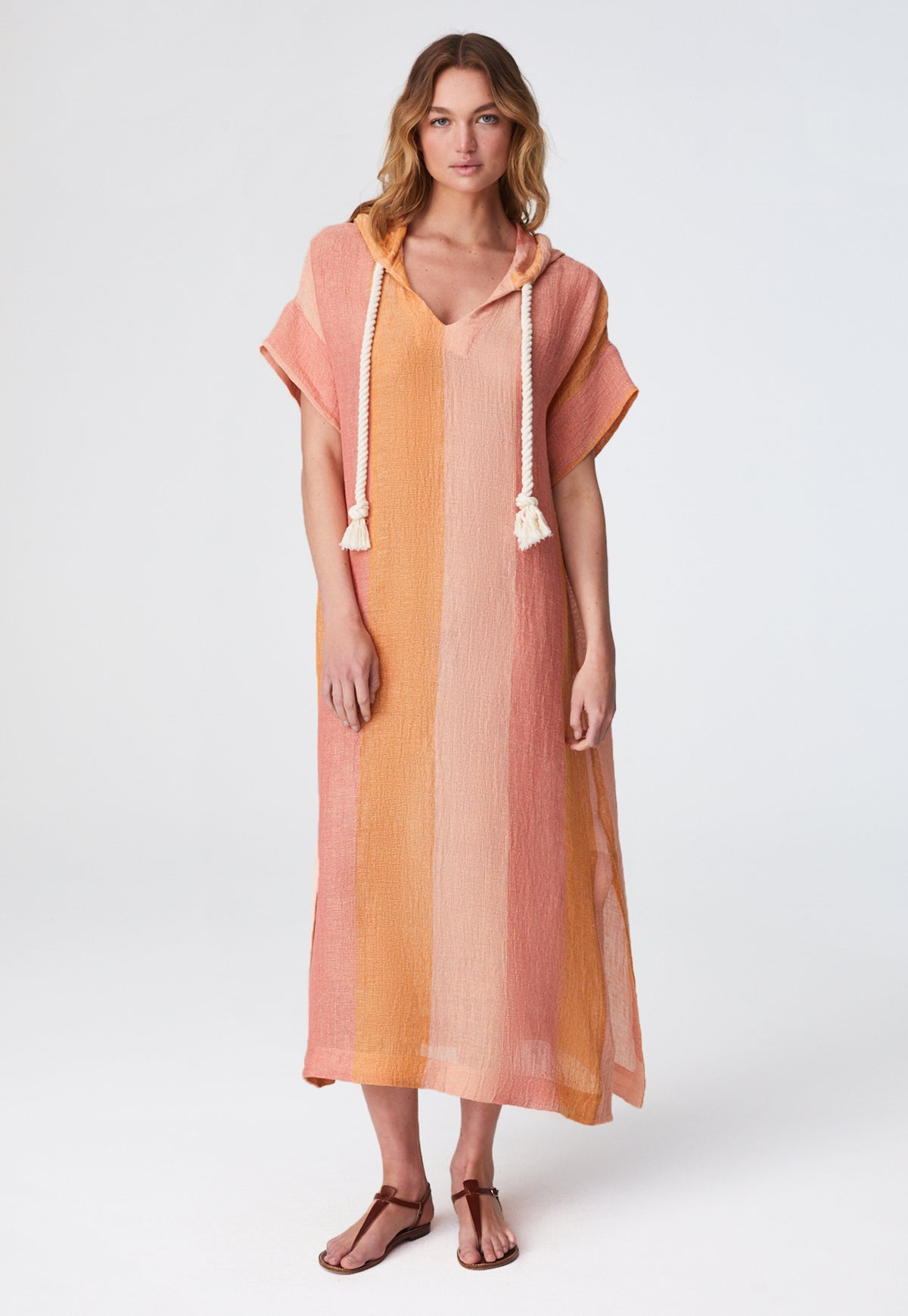 THE DRAWSTRING HOODED CAFTAN in SUNSET AWNING STRIPED GAUZE