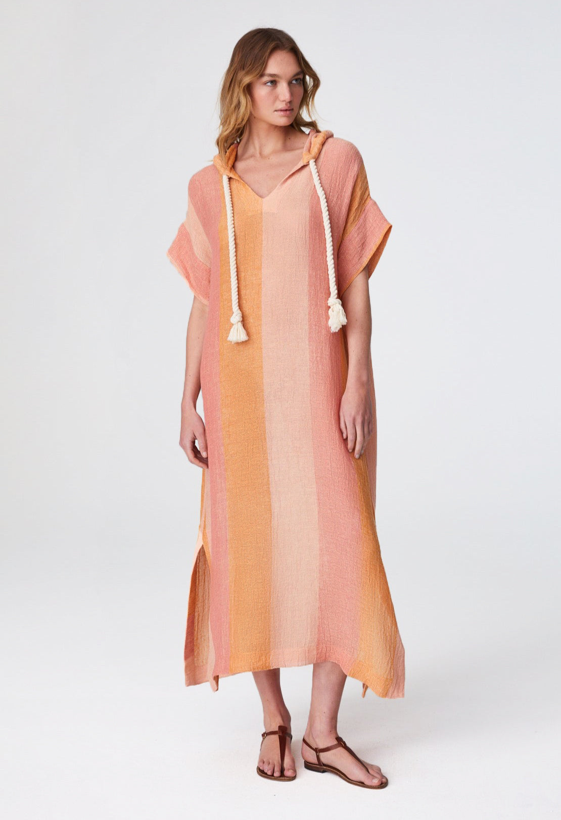 THE DRAWSTRING HOODED CAFTAN in SUNSET AWNING STRIPED GAUZE