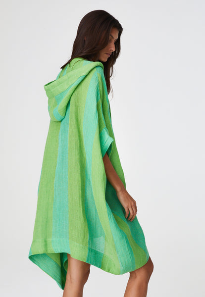 THE HOODED PONCHO in GUAVA AWNING STRIPED GAUZE