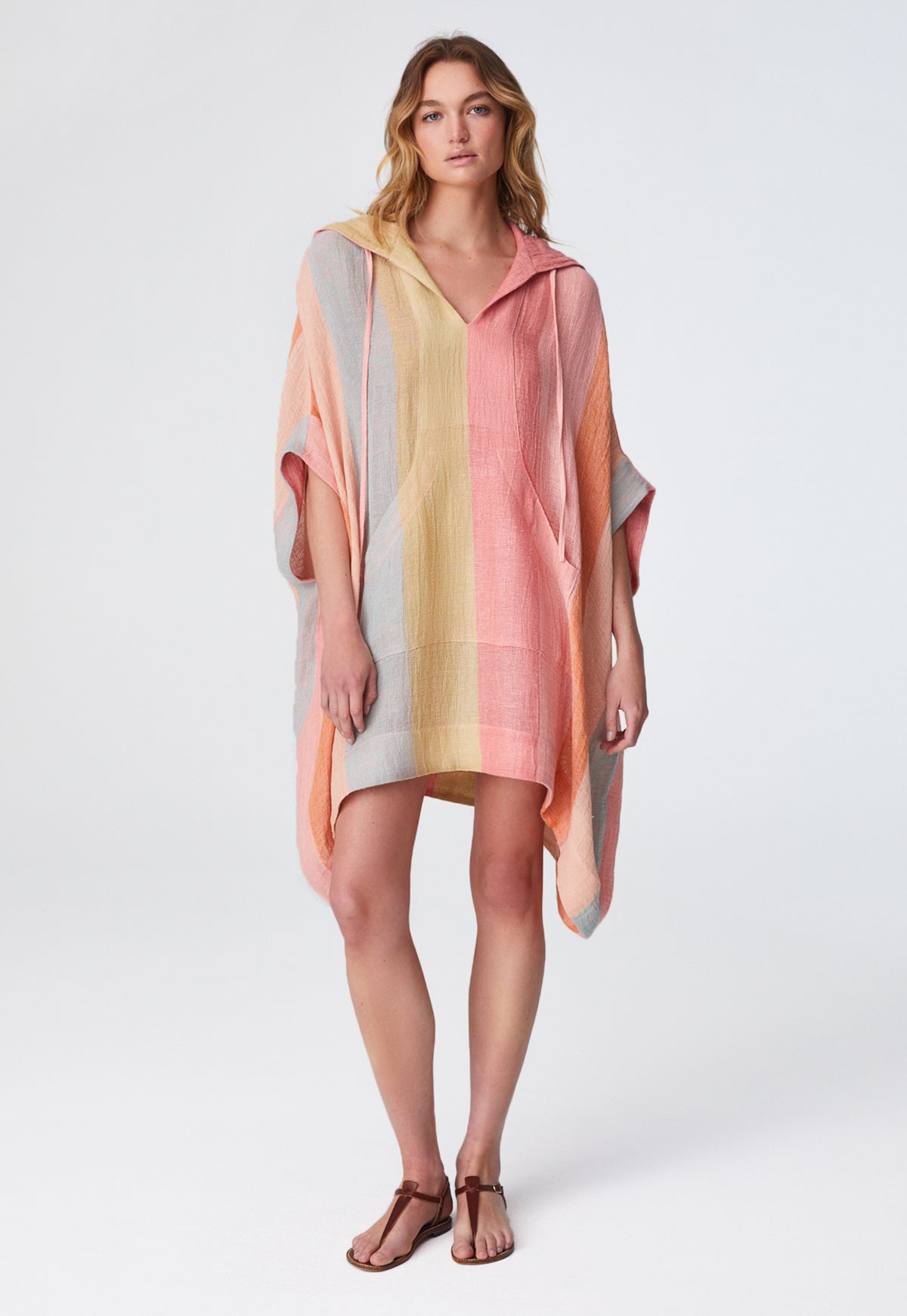 THE HOODED PONCHO in SHERBET AWNING STRIPED GAUZE