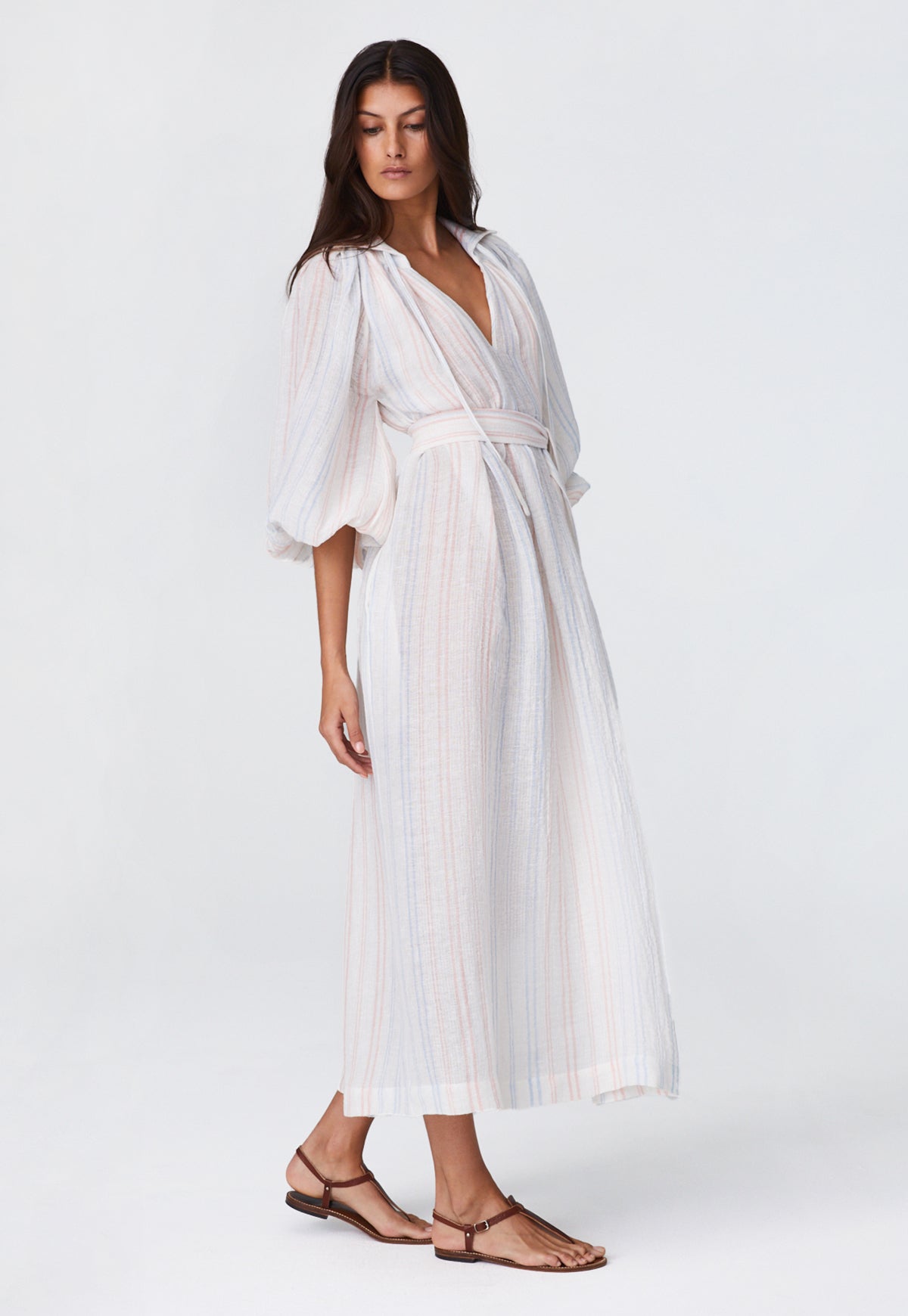 THE POET DRESS  in WHITE & PINK & BLUE STRIPED GAUZE