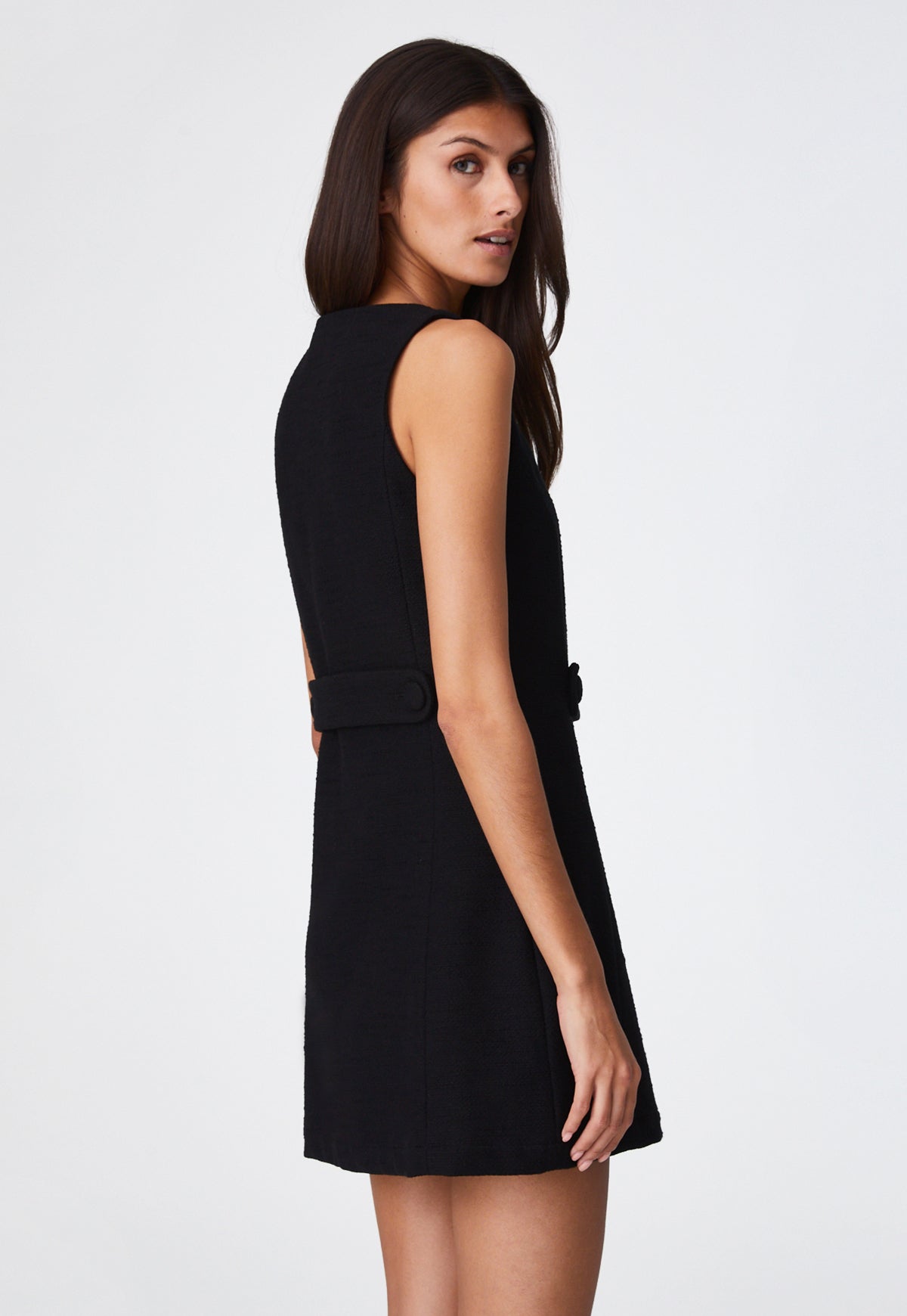 THE SLEEVELESS BELTED MINI DRESS in BLACK TEXTURED COTTON