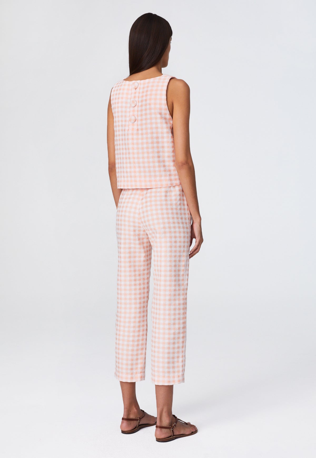 THE STRAIGHT LEG TROUSER in CORAL GINGHAM BOUCLE COTTON