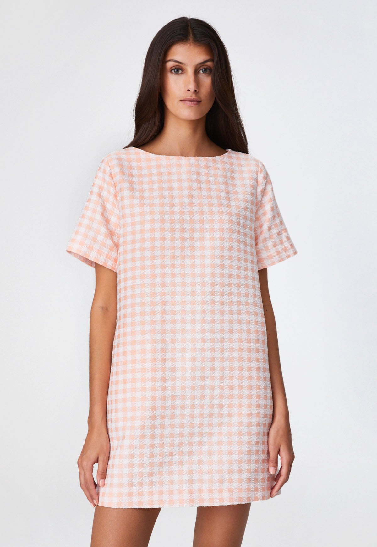 THE T-SHIRT DRESS in CORAL GINGHAM BOUCLE COTTON
