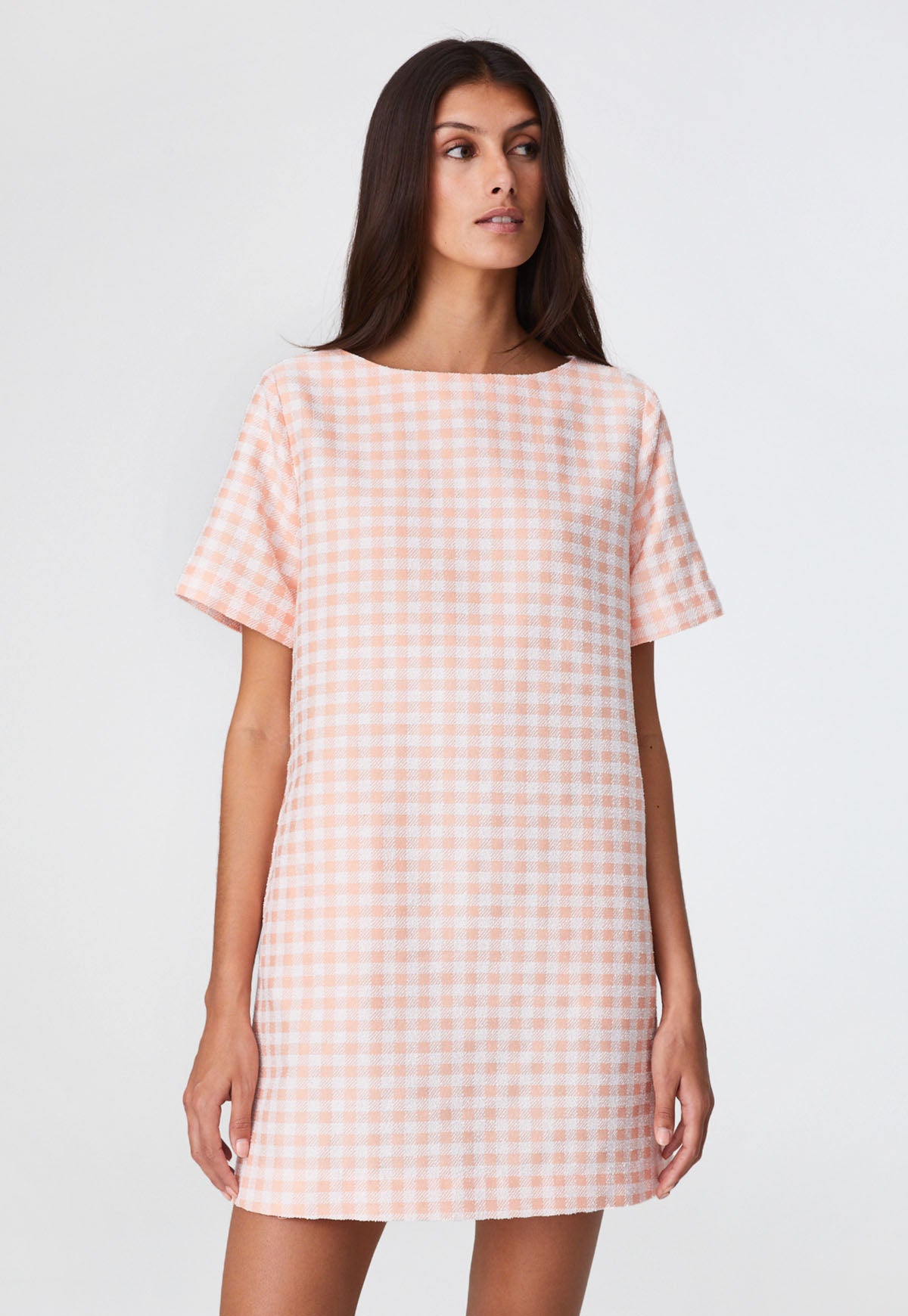 THE T-SHIRT DRESS in CORAL GINGHAM BOUCLE COTTON
