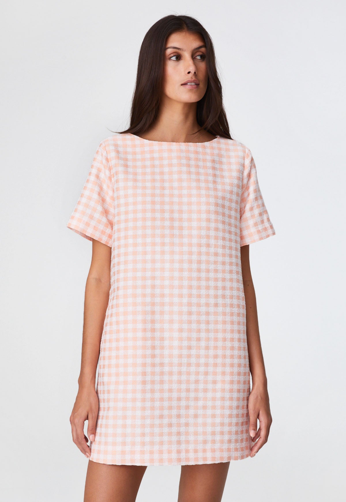 THE T-SHIRT DRESS in Coral Gingham Boucle COTTON Coral Gingham Boucle / 2023SP495 CGB / 2 THE T-SHIRT DRESS in Coral Gingham Boucle COTTON Coral Gingham Boucle / 2023SP495 CGB / 2