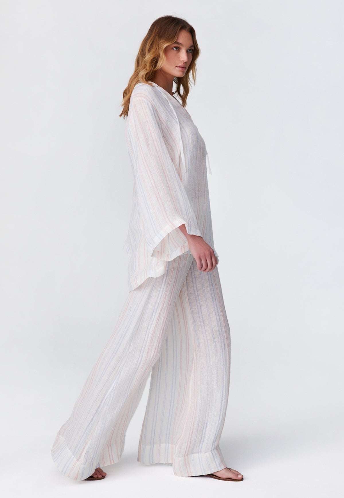 THE LOW-WAIST WIDE LEG PANT  in WHITE & PINK & BLUE STRIPED GAUZE