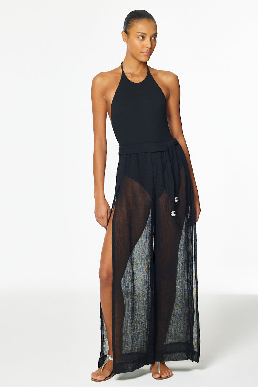 THE WIDE LEG OPEN-SIDE PANT in BLACK SORRENTO GAUZE