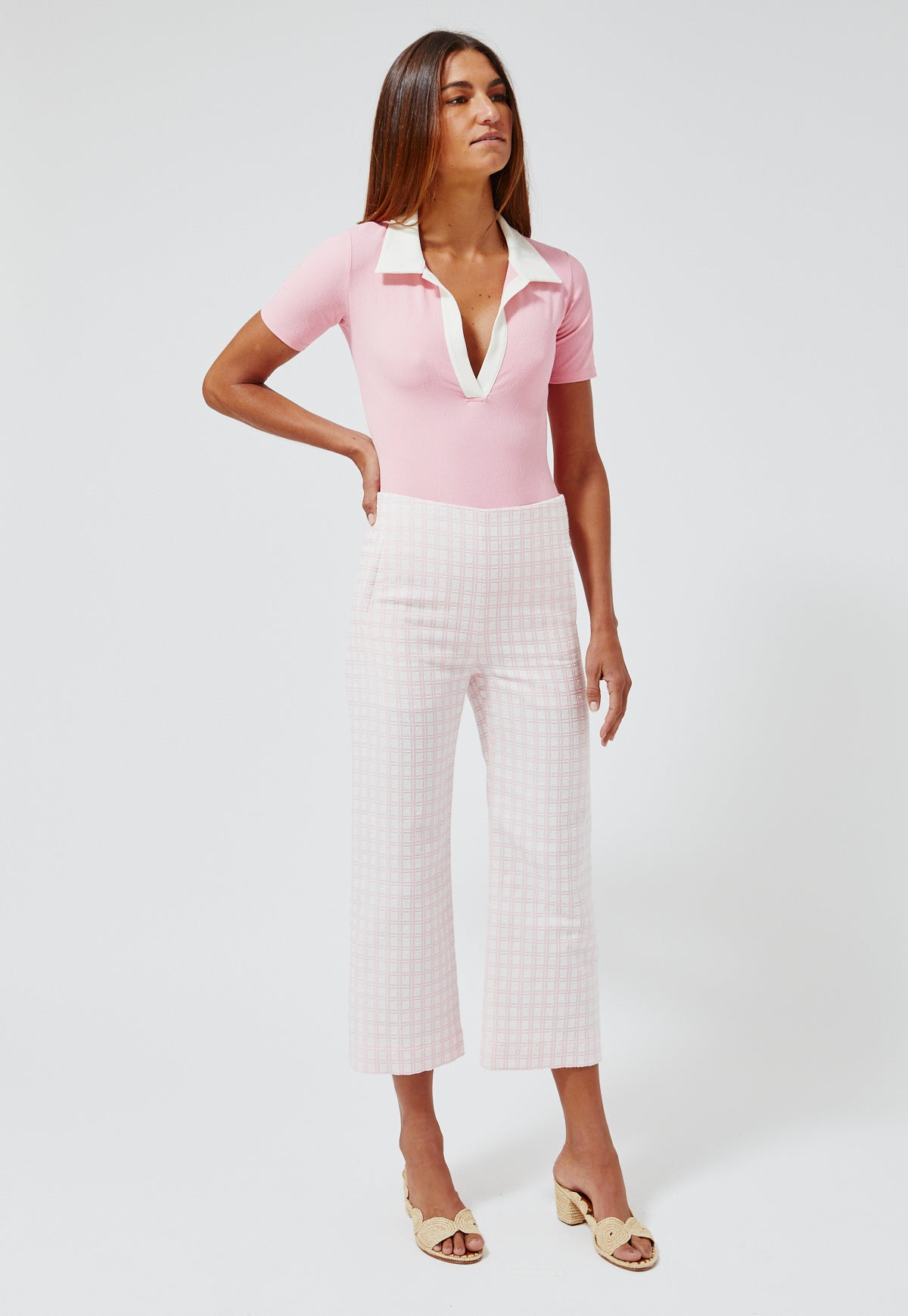 THE STRAIGHT LEG TROUSER in VINTAGE PINK CHECK BOUCLE COTTON