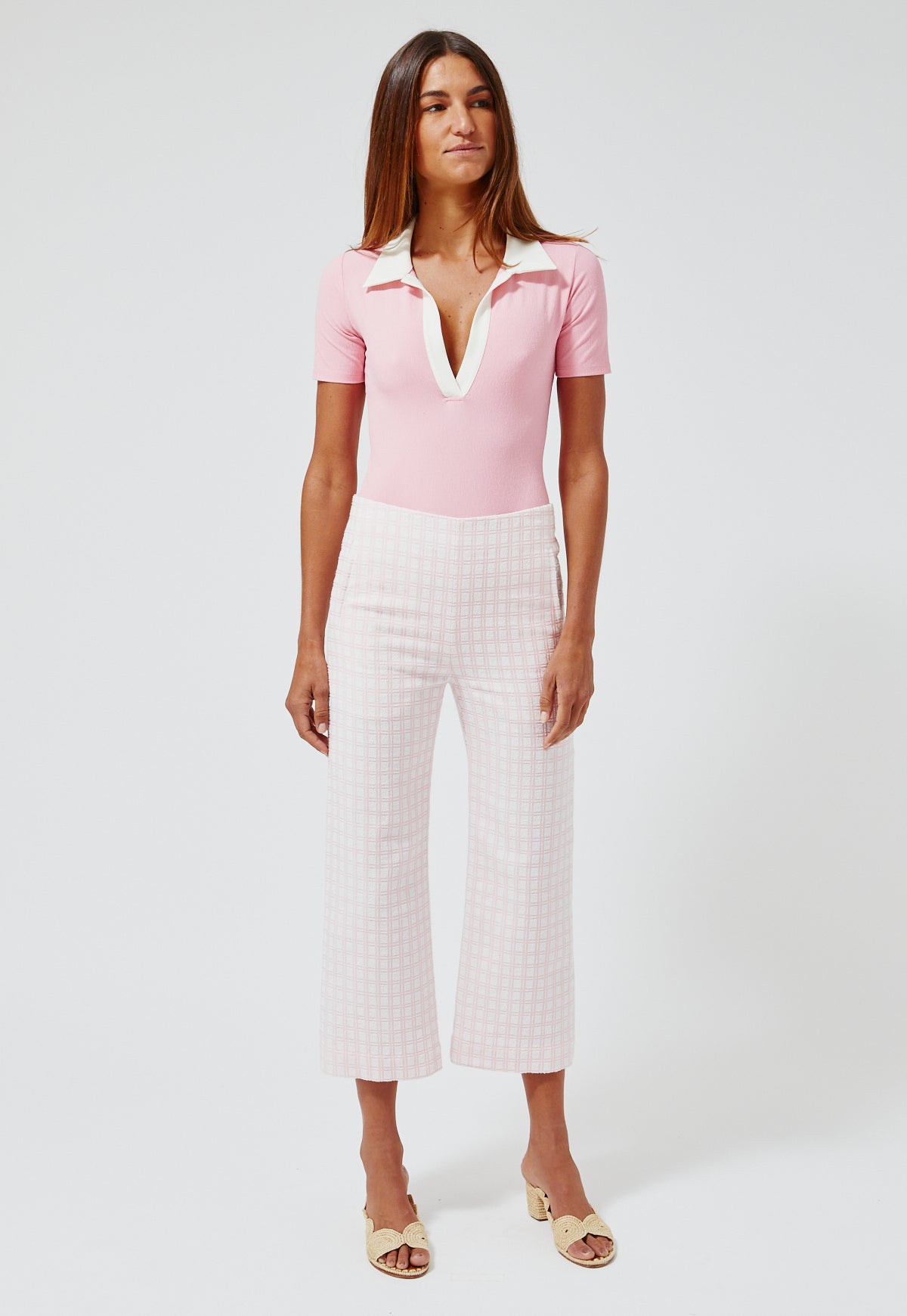THE STRAIGHT LEG TROUSER in VINTAGE PINK CHECK BOUCLE COTTON