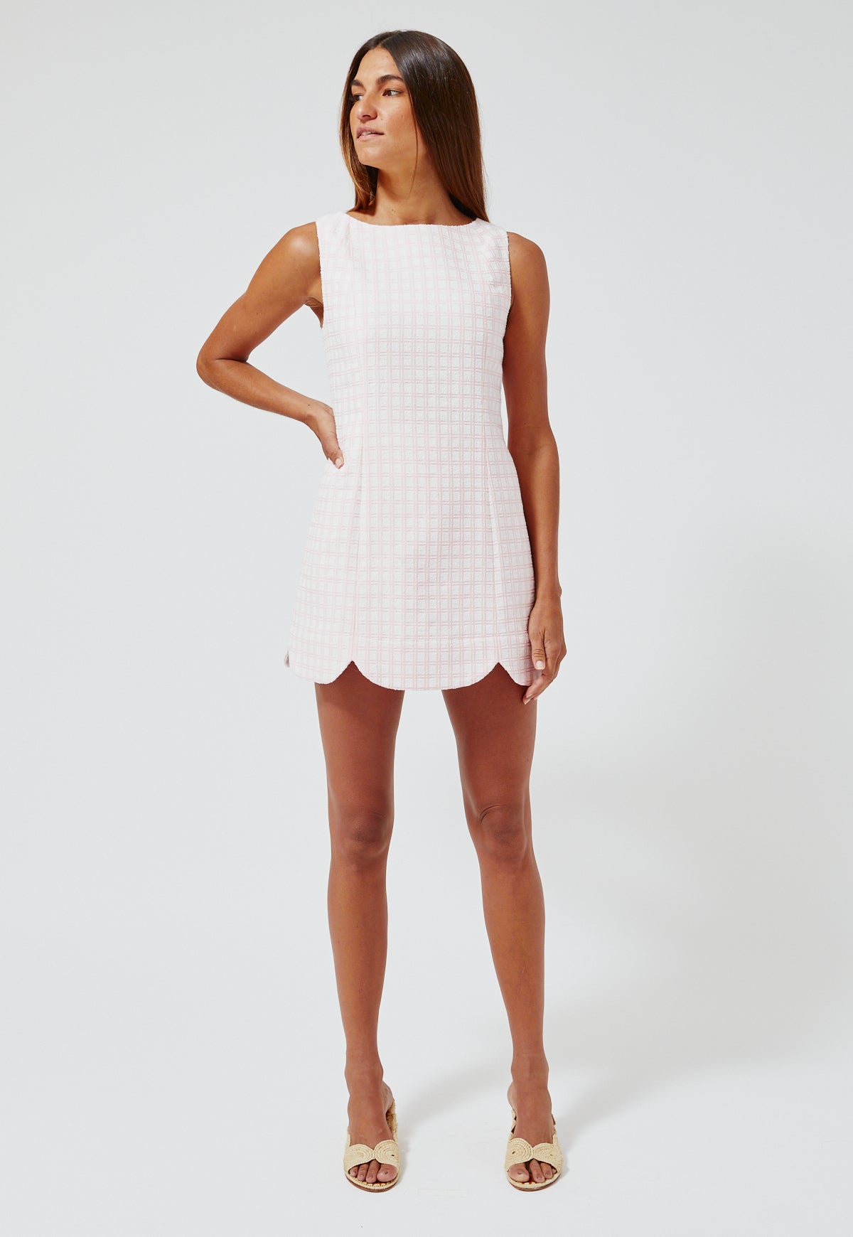 THE SCALLOP MINI DRESS w/shorts in PINK CHECK BOUCLE COTTON