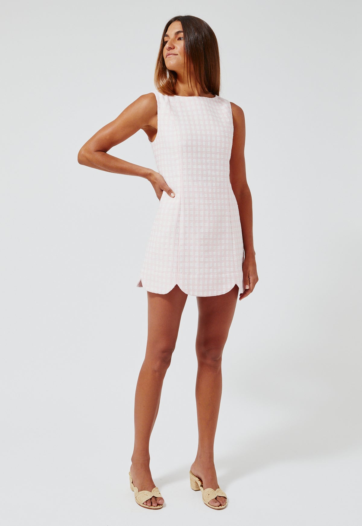 THE SCALLOP MINI DRESS w/shorts in Pink Check Boucle COTTON Vintage Pink Check Boucle Jacquard / 2022SP417 VPCBJ / 2 - S THE SCALLOP MINI DRESS w/shorts in Pink Check Boucle COTTON Vintage Pink Check Boucle Jacquard / 2022SP417 VPCBJ / 2 - S