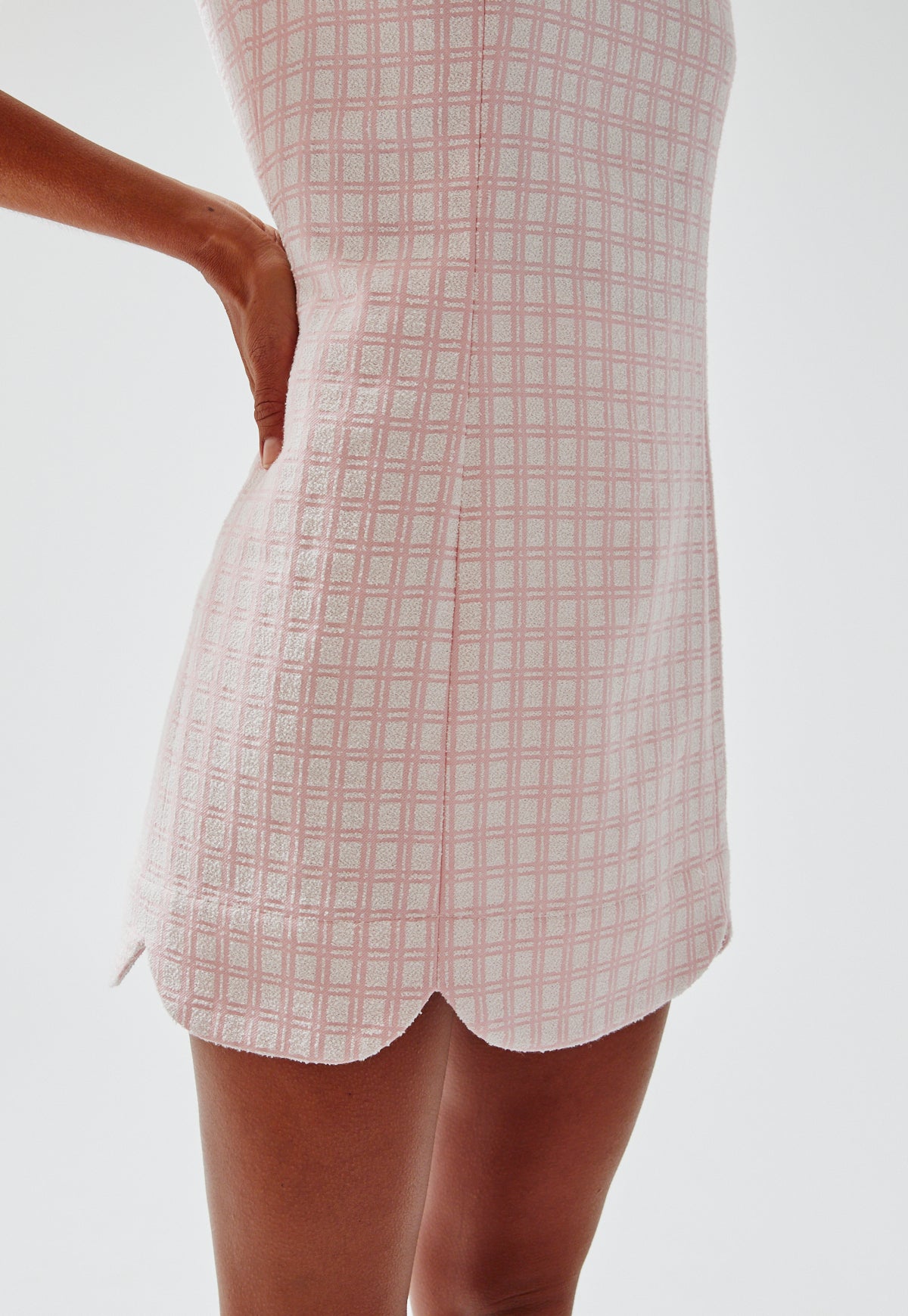 THE SCALLOP MINI DRESS w/shorts in PINK CHECK BOUCLE COTTON