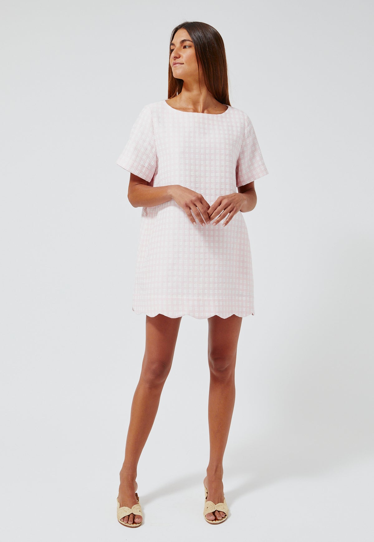 THE SCALLOP  A-LINE MINI DRESS in PINK CHECK BOUCLE COTTON