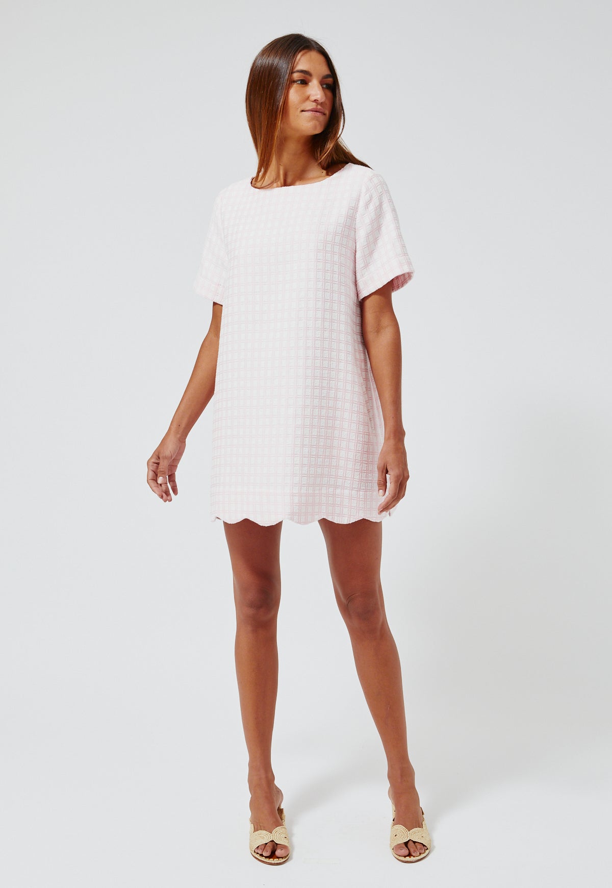 THE SCALLOP  A-LINE MINI DRESS in PINK CHECK BOUCLE COTTON