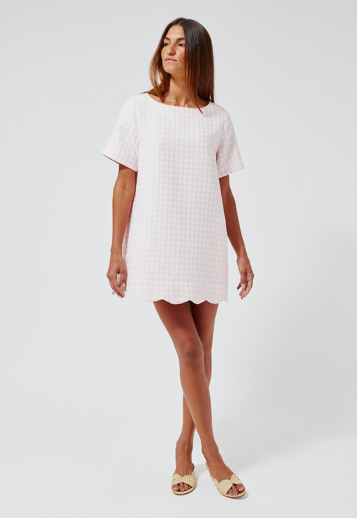 THE SCALLOP  A-LINE MINI DRESS in PINK CHECK BOUCLE COTTON