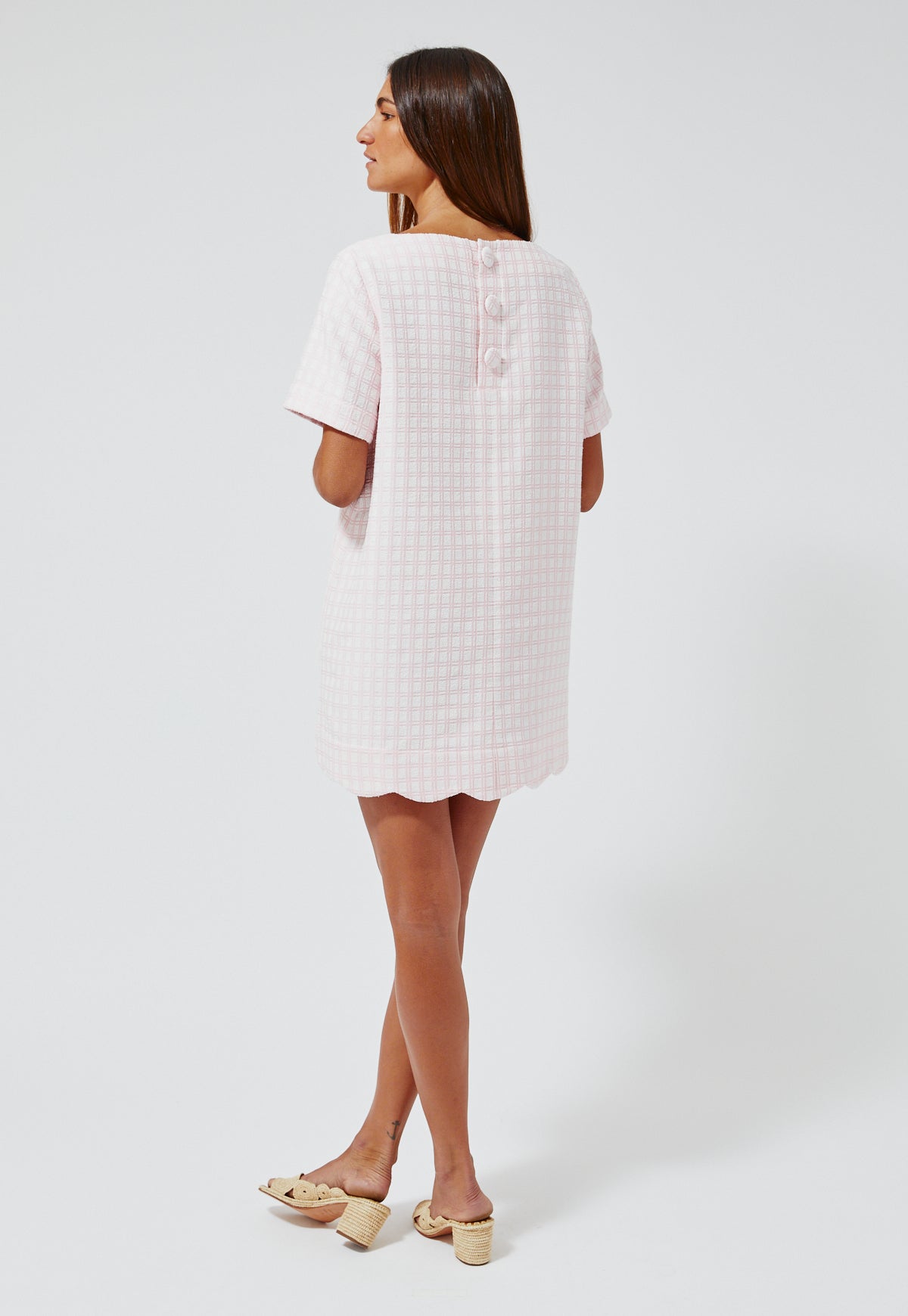 The Scallop A-Line Mini Dress in Pink Check Boucle Cotton Vintage Pink Check Boucle Jacquard / 2022SP430 VPCBJ / 0 - XXS The Scallop A-Line Mini Dress in Pink Check Boucle Cotton Vintage Pink Check Boucle Jacquard / 2022SP430 VPCBJ / 0 - XXS