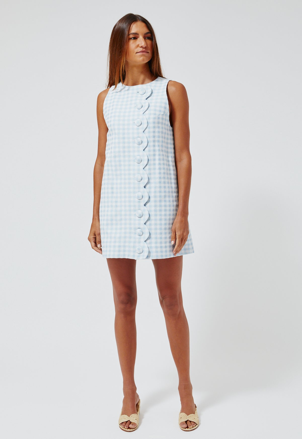 THE SCALLOP MINI DRESS in BLUE GINGHAM BOUCLE COTTON