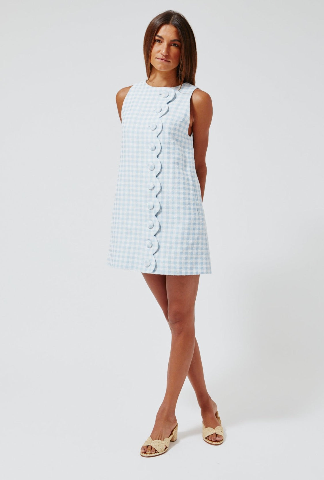 THE SCALLOP MINI DRESS in BLUE GINGHAM BOUCLE COTTON