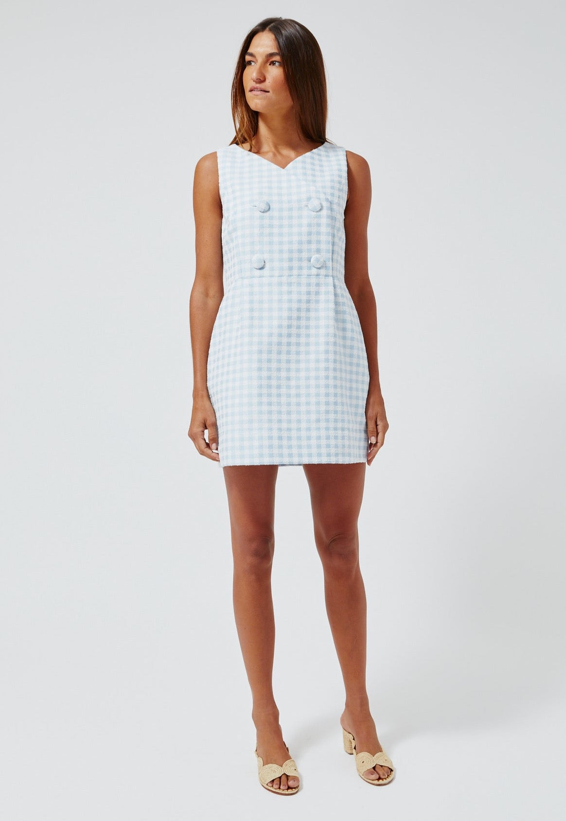 THE JACKIE MINI DRESS in VINTAGE BLUE GINGHAM BOUCLE