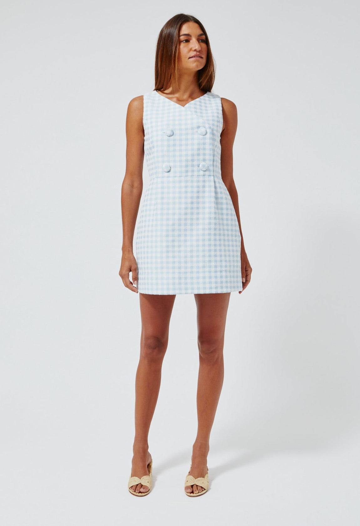 THE JACKIE MINI DRESS in VINTAGE BLUE GINGHAM BOUCLE