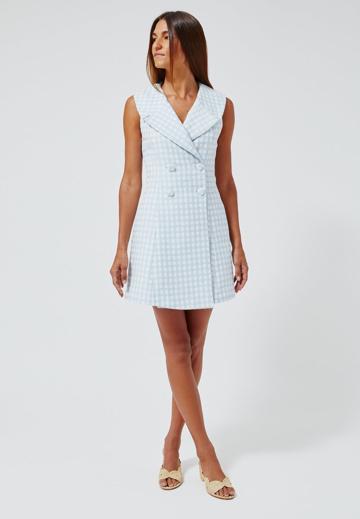THE DOUBLE BREASTED LAPEL DRESS in Vintage BLUE Check Boucle Vintage BLUE Check Boucle Jacquard / 2022SP436 VBCBJ / 1