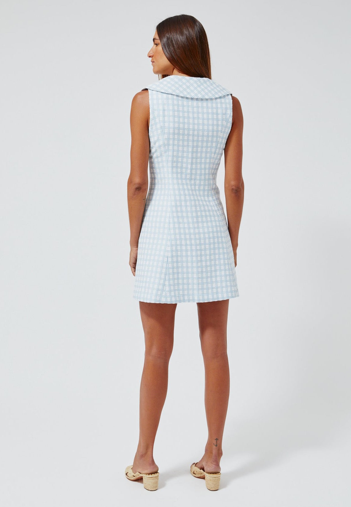 THE DOUBLE BREASTED LAPEL DRESS in VINTAGE BLUE CHECK BOUCLE