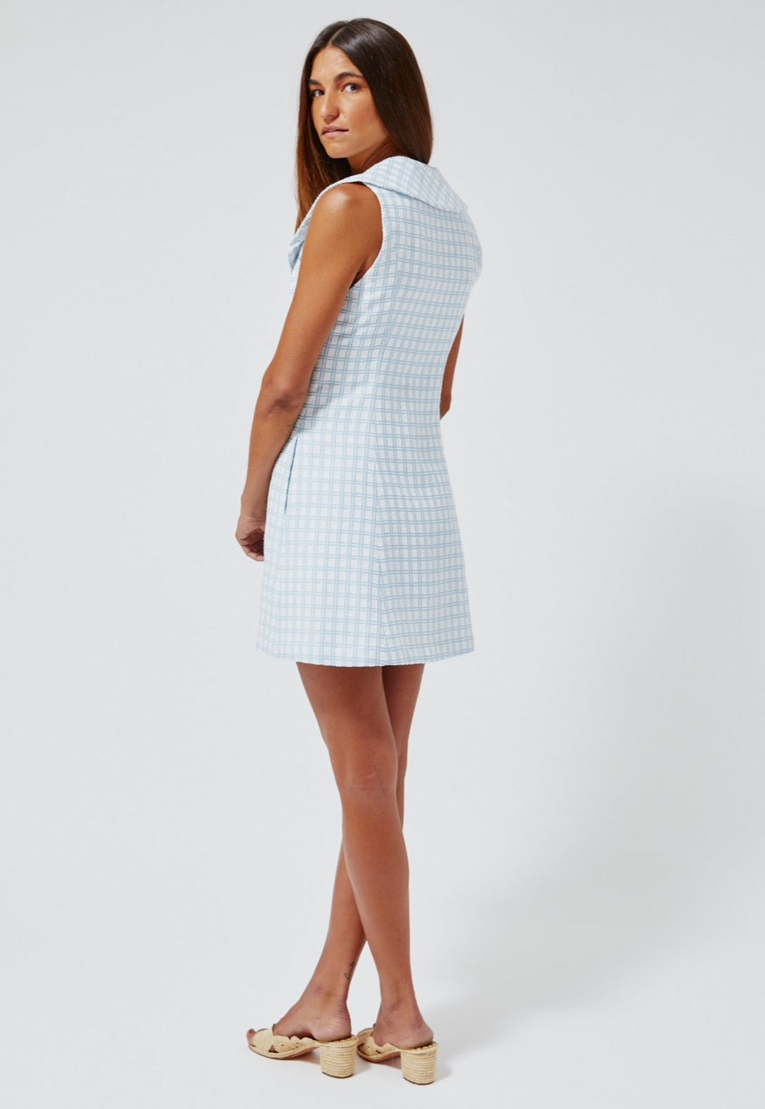 THE DOUBLE BREASTED LAPEL DRESS in VINTAGE BLUE CHECK BOUCLE