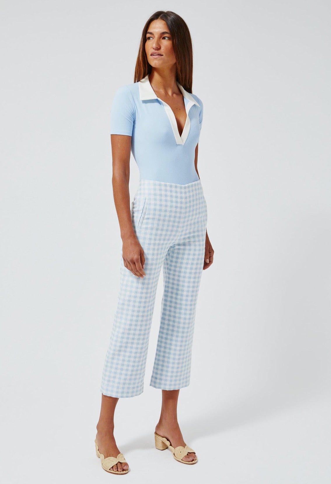 THE STRAIGHT LEG TROUSER in VINTAGE BLUE GINGHAM BOUCLE COTTON