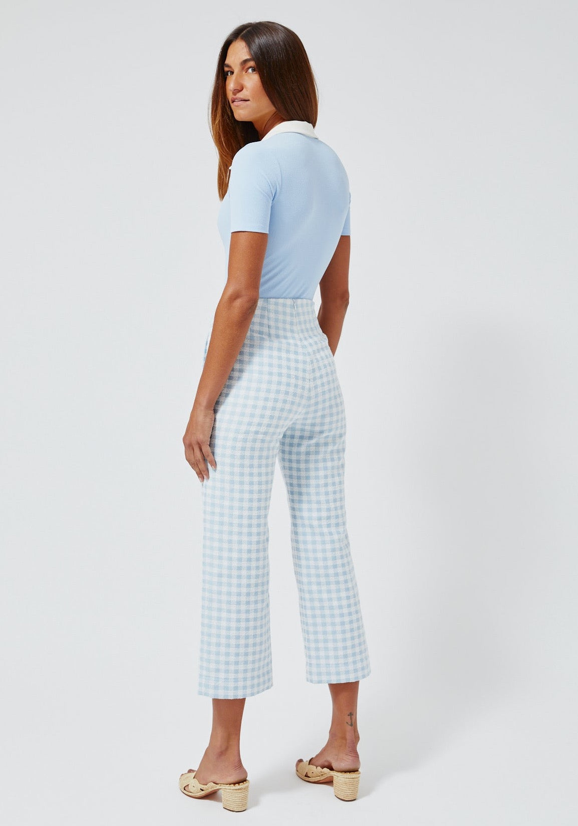 THE STRAIGHT LEG TROUSER in VINTAGE BLUE GINGHAM BOUCLE COTTON