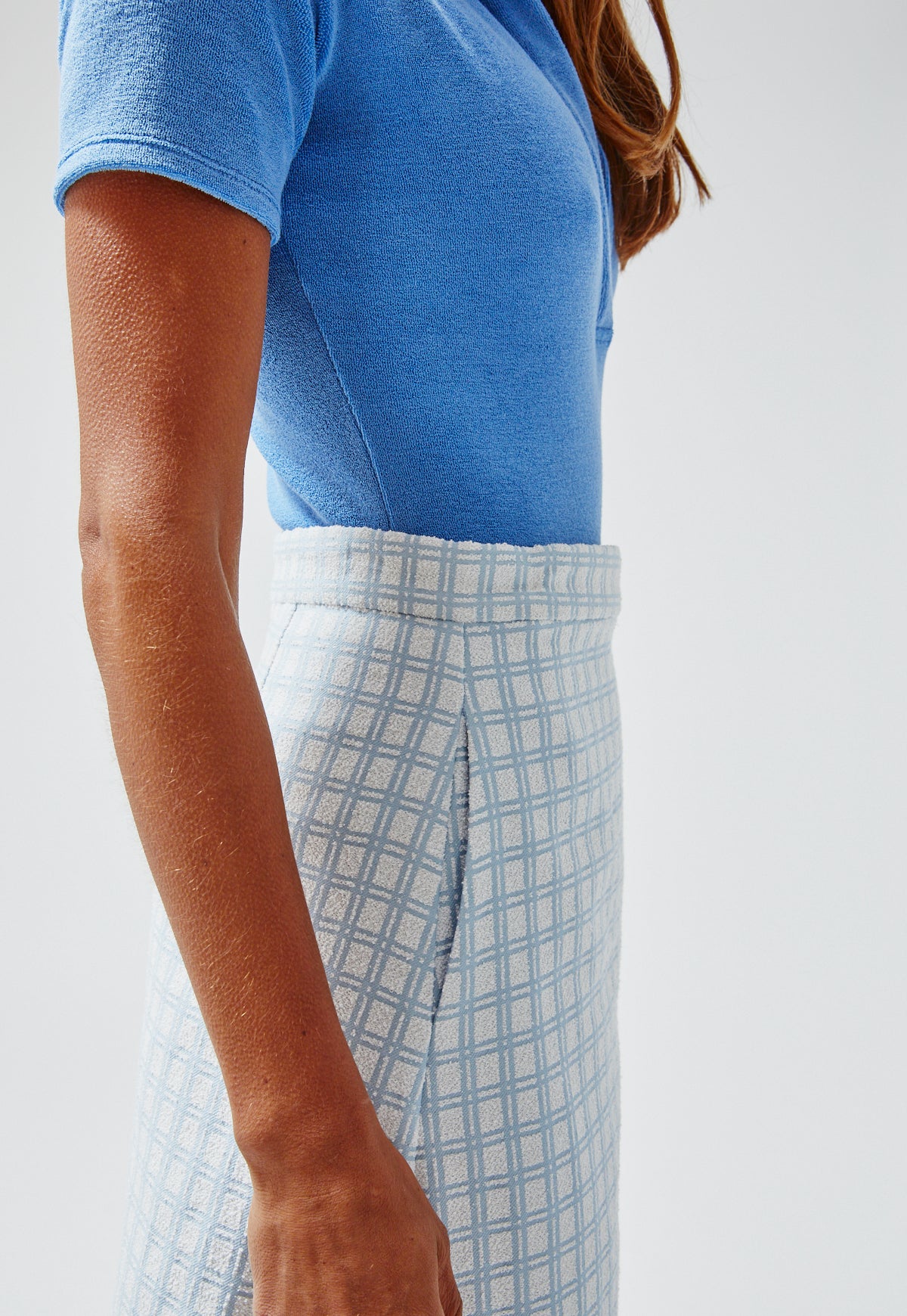 THE WRAP SKIRT in VINTAGE BLUE CHECK BOUCLE COTTON