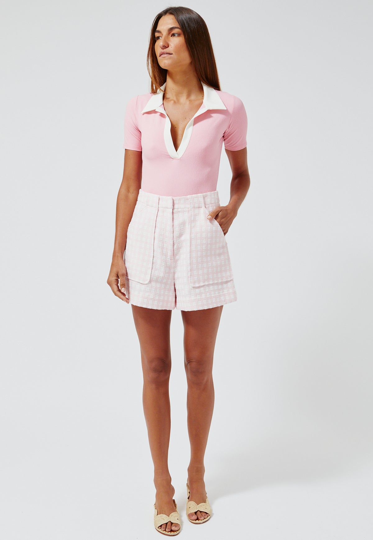 THE TENNIS SHORT in VINTAGE PINK CHECK BOUCLE COTTON