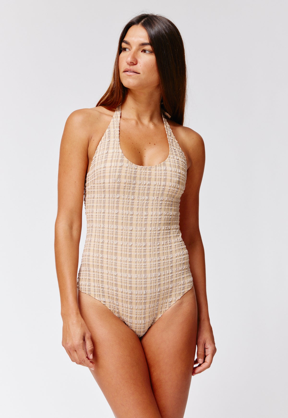 THE AMBER MAILLOT in NATURAL & SAND STRIPED SEERSUCKER
